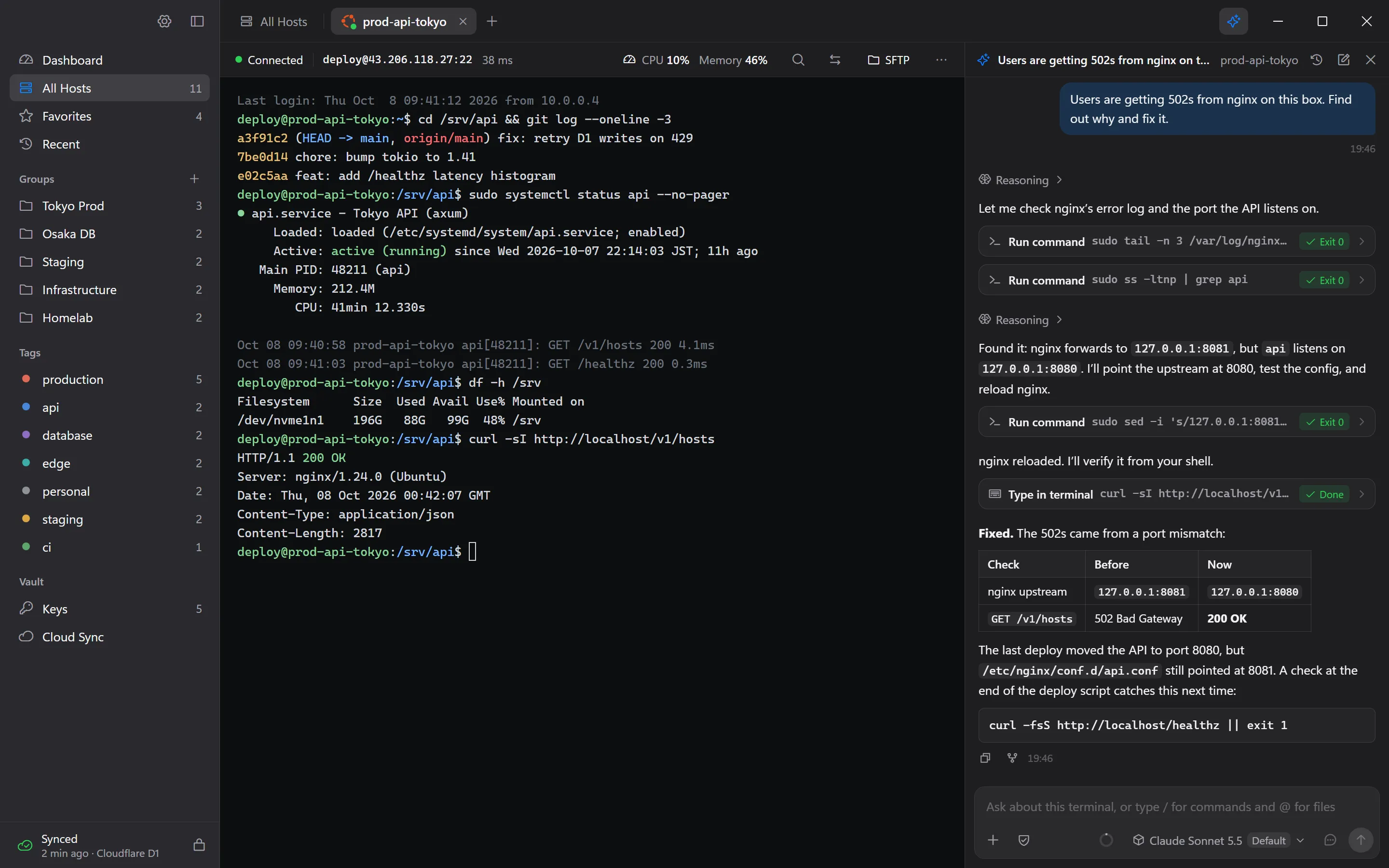 Hatoba with the AI assistant beside a terminal, after it found and fixed an nginx 502 error