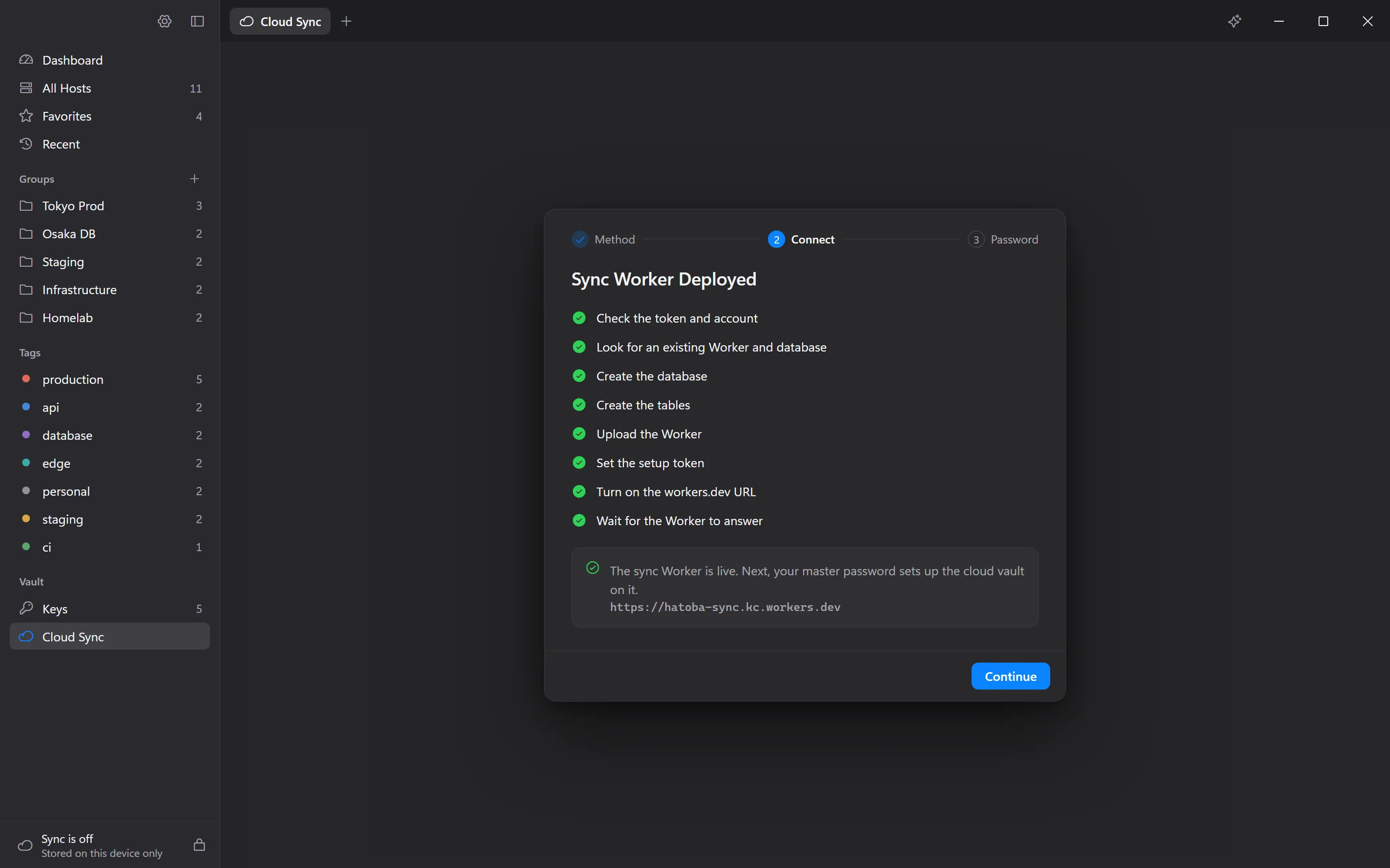 The Cloud Sync page with the connection, the devices, and the encryption notice